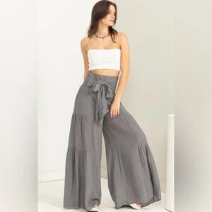 HYFVE Grey Tiered Palazzo Pants Front Tie Wide Leg Size Small